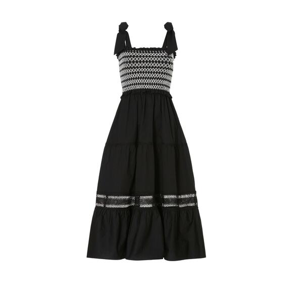 PETER SOM COLLECTIVE Black White Lace Detail A-Line Smocked Midi Dress Size S - Picture 3 of 15